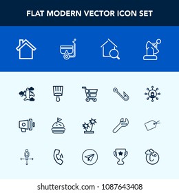 Modern, simple vector icon set with satellite, fish, summer, home, communication, travel, brush, white, tree, sandwich, cart, flight, bread, hook, palm, aircraft, fishing, space, tropical, loud icons