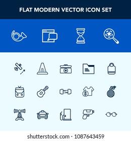 Modern, simple vector icon set with music, step, file, ladder, time, search, object, bugle, travel, website, clock, box, airplane, exercise, workout, hourglass, aid, aircraft, paper, fashion, up icons
