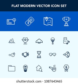 Modern, simple vector icon set with animal, money, sand, finance, competition, domino, win, loudspeaker, prize, vitamin, road, health, sack, medical, victory, award, winner, clock, loud, speaker icons