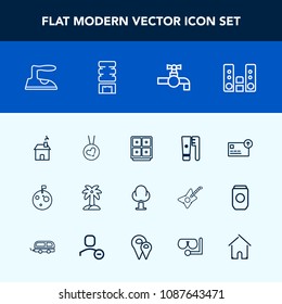 Modern, simple vector icon set with planet, tropical, house, home, currency, building, water, love, flag, money, environment, cash, housework, sink, play, bathroom, forest, domestic, nature, tap icons
