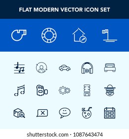 Modern, simple vector icon set with camera, summer, house, home, inflatable, car, property, quality, refresh, bedroom, bed, sport, action, referee, blue, double, person, musical, equipment, real icons