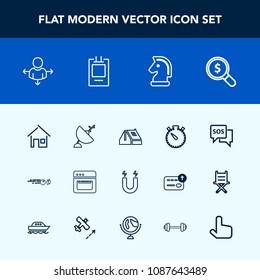 Modern, simple vector icon set with building, home, antenna, sign, time, strike, construction, dish, chess, hobby, sport, concept, sos, travel, watch, architecture, danger, internet, food, place icons