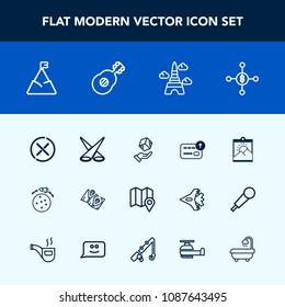 Modern, simple vector icon set with spotlight, box, light, business, guitar, dollar, music, delivery, planet, rocket, france, tower, pin, road, cash, investment, photo, mountain, no, package icons