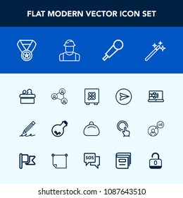 Modern, simple vector icon set with internet, safe, sound, pencil, education, tool, screen, presentation, magician, write, conference, white, call, web, medicine, pen, meeting, wand, object, mic icons