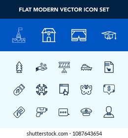 Modern, simple vector icon set with environment, ship, college, list, building, internet, aerial, tower, castle, nature, hand, helicopter, school, drum, musical, shopping, fashion, architecture icons