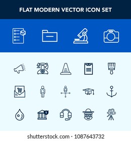Modern, simple vector icon set with speaker, delivery, boy, call, road, handle, direction, paintbrush, list, retail, paint, loudspeaker, biology, brush, phone, microscope, shipping, receipt, box icons