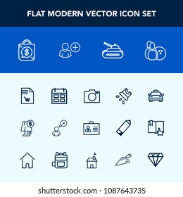 Modern, simple vector icon set with bowling, calendar, sport, internet, online, tank, pin, shopping, schedule, cancel, movie, camera, day, list, car, technology, projector, transportation, sale icons