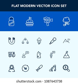 Modern, simple vector icon set with field, game, network, house, white, technology, vehicle, nature, structure, tipper, equipment, pole, birdhouse, magnetic, cloud, hierarchy, video, people, mic icons