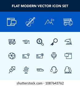 Modern, simple vector icon set with door, sign, dolphin, education, casino, bank, internet, bag, tipper, truck, violoncello, business, dumper, house, graduation, search, website, dump, concept icons