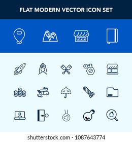 Modern, simple vector icon set with location, car, pump, beauty, pin, boat, distribution, protection, industrial, storage, rocket, white, delivery, page, map, paddle, shop, storehouse, paper icons