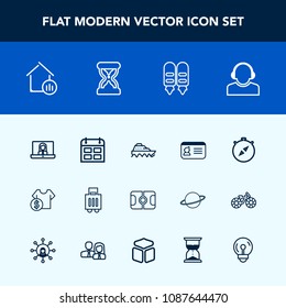 Modern, simple vector icon set with compass, luggage, sea, time, internet, property, sale, technology, center, ship, communication, airport, estate, soccer, video, , cost, pitch, stadium, call icons