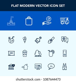 Modern, simple vector icon set with summer, equipment, cafe, coffee, mobile, investment, vehicle, architecture, nature, glass, communication, cup, sweet, chat, cream, truck, business, blackboard icons