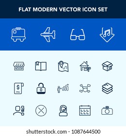 Modern, simple vector icon set with rent, airplane, unlock, white, property, lock, security, sound, success, internet, aircraft, luggage, airport, curtain, sale, download, protection, unpacking icons