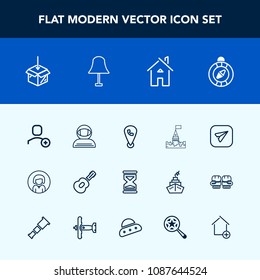 Modern, simple vector icon set with space, web, architecture, light, tower, clock, compass, phone, girl, white, guitar, castle, internet, young, direction, astronaut, woman, lamp, upload, north icons