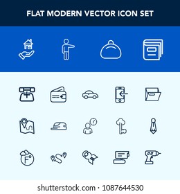 Modern, simple vector icon set with education, phone, leather, business, clock, internet, technology, time, book, finance, money, house, wallet, estate, transportation, vehicle, rent, mobile icons