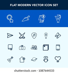 Modern, simple vector icon set with email, lamp, music, jug, internet, staff, people, button, library, spy, click, finger, book, scene, decoration, background, white, search, education, glasses icons
