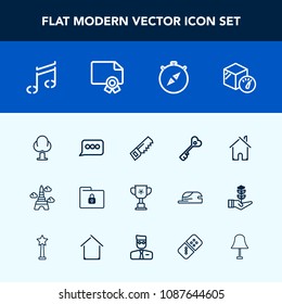 Modern, simple vector icon set with construction, forest, winner, estate, chat, note, box, victory, south, competition, cup, landscape, hammer, door, key, security, folder, tower, package, north icons