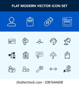 Modern, simple vector icon set with ocean, surf, flight, aircraft, direction, interior, airplane, oven, travel, sale, certificate, equipment, lamp, cooking, music, kitchen, male, person, office icons