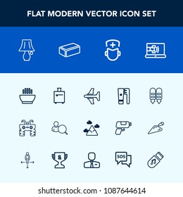 Modern, simple vector icon set with dish, travel, atv, lamp, construction, wheel, airplane, soup, call, plane, internet, quad, dinner, care, , sky, account, surgeon, online, dirt, hot, hospital icons