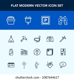 Modern, simple vector icon set with plug, salt, music, location, white, water, wizard, road, magic, store, dirt, outdoor, shovel, electricity, quad, street, car, sea, transport, wheel, audio icons