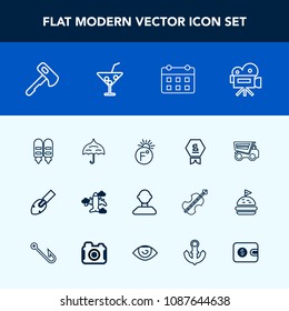 Modern, simple vector icon set with shovel, summer, vehicle, tipper, temperature, fahrenheit, construction, profile, hammer, flight, , umbrella, schedule, retro, tripod, scale, camera, movie icons