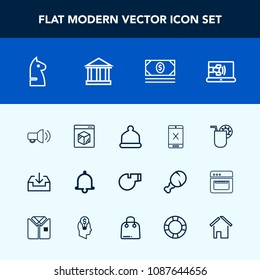 Modern, simple vector icon set with tourism, whistle, bank, alarm, shipping, coaxial, sport, connection, megaphone, game, notification, glass, alert, europe, call, money, cocktail, greece, chess icons