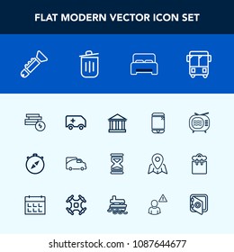 Modern, simple vector icon set with transport, sand, ambulance, van, clock, bank, time, speed, musical, antenna, trumpet, bedroom, video, cash, greek, tourism, emergency, television, bus, sky icons