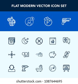 Modern, simple vector icon set with chat, dollar, war, firearm, weapon, grenade, gun, star, pistol, hand, real, temperature, estate, mobile, book, office, sign, military, house, online, sky, no icons