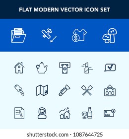 Modern, simple vector icon set with office, hot, bugle, home, food, kitchen, makeup, folder, trumpet, craft, blank, tea, nature, machine, finance, communication, mushroom, drink, spaceship, bank icons