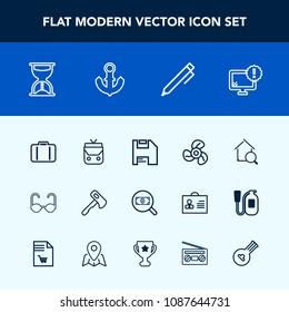 Modern, simple vector icon set with glasses, electric, estate, web, online, fan, leather, construction, cool, bag, computer, sun, pencil, education, monitor, time, concept, hammer, hand, luggage icons