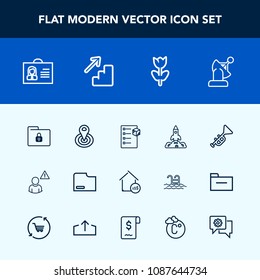 Modern, simple vector icon set with profile, price, cargo, network, checklist, location, musical, security, communication, blossom, lock, person, space, bugle, internet, earth, package, radius icons