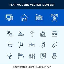 Modern, simple vector icon set with building, laptop, money, button, cash, tower, marine, radio, record, communication, castle, keyboard, flag, audio, cooler, currency, web, sound, sea, computer icons