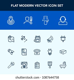 Modern, simple vector icon set with lamp, electricity, record, vintage, flight, service, identity, weapon, bulb, road, table, bomb, aircraft, modern, mobile, plug, point, support, bag, electric icons