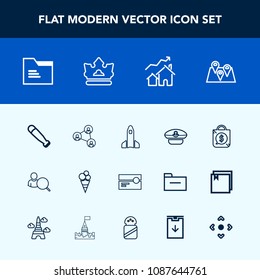 Modern, simple vector icon set with file, baseball, sale, pin, blank, cream, tape, folder, internet, map, sport, travel, bat, technology, cassette, computer, equipment, rocket, launch, cap, web icons