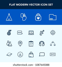 Modern, simple vector icon set with sign, explosion, notebook, adventure, laptop, message, lighter, camp, object, target, fashion, screen, travel, frame, business, satellite, equipment, blank icons