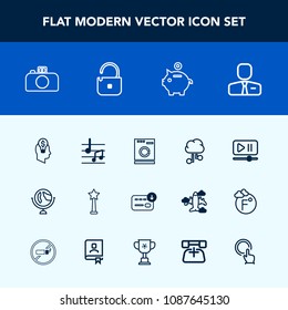 Modern, simple vector icon set with appliance, sack, interface, bag, business, globe, cloud, machine, finance, people, internet, map, job, protection, housework, world, video, planet, investment icons
