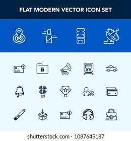 Modern, simple vector icon set with currency, music, ring, satellite, vintage, transportation, car, file, transport, location, sea, folder, drink, retro, antenna, railway, finance, cycle, cooler icons