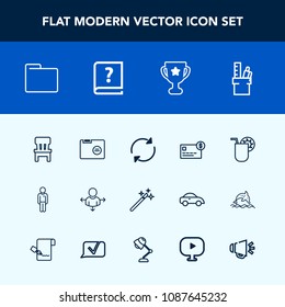 Modern, simple vector icon set with award, reload, man, cocktail, summer, arrow, magic, business, work, equipment, graphic, wand, first, travel, old, office, card, winner, money, blank, sign icons