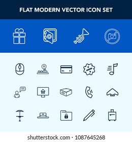 Modern, simple vector icon set with house, sign, music, package, online, property, bugle, safe, label, communication, technology, gift, discount, chat, trumpet, present, sale, box, drawer, money icons