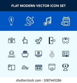 Modern, simple vector icon set with emergency, leather, door, click, navigation, finger, exit, technology, cross, music, dinner, route, nature, modern, hand, road, computer, soup, kit, spacesuit icons