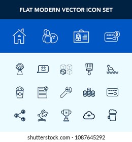 Modern, simple vector icon set with document, sky, cardboard, equipment, estate, brush, balance, drink, air, building, repair, credit, package, contract, travel, replacement, water, card, female icons