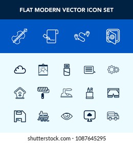 Modern, simple vector icon set with clothes, ironing, tool, iron, sound, music, domestic, security, birdhouse, action, message, frame, pen, roll, cable, roller, destination, technology, house icons