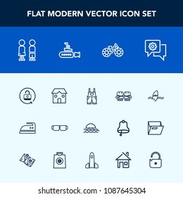 Modern, simple vector icon set with wear, sunglasses, construction, work, building, surf, people, unlock, chat, iron, clothes, sunrise, sun, bike, standing, lock, girl, nature, sport, open, boy icons