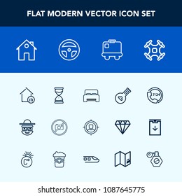 Modern, simple vector icon set with baggage, business, bedroom, hourglass, estate, house, drone, travel, customer, aerial, musical, home, cartoon, target, clock, hour, character, real, property icons