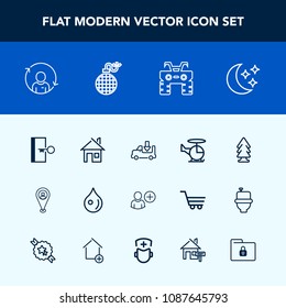 Modern, simple vector icon set with location, transport, pin, truck, abstract, landscape, exit, liquid, atv, building, home, air, sign, water, helicopter, shipping, quality, forest, extreme, map icons