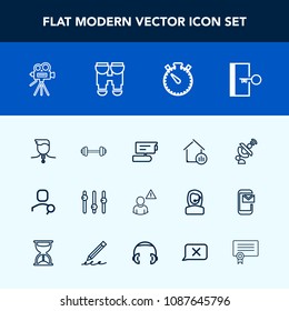 Modern, simple vector icon set with view, movie, tripod, space, house, video, web, global, equality, fitness, camera, clock, account, watch, competition, internet, retro, satellite, computer, tv icons