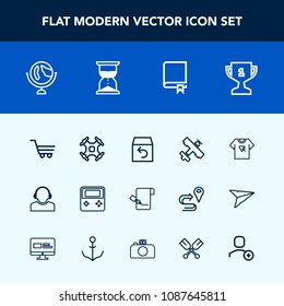 Modern, simple vector icon set with achievement, place, trolley, support, sign, technology, award, shop, shipping, global, center, pen, plane, retail, globe, planet, delivery, aircraft, business icons