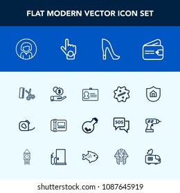 Modern, simple vector icon set with female, style, laboratory, money, salon, sale, technology, business, phone, sign, high, woman, girl, hair, lady, home, identification, young, identity, wallet icons