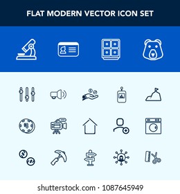 Modern, simple vector icon set with tripod, finance, animal, biology, button, mountain, television, grizzly, safe, tv, microscope, casino, identity, control, science, laboratory, equality, lens icons