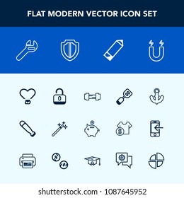 Modern, simple vector icon set with open, coin, wand, wood, investment, bank, money, shield, ship, exercise, protection, finance, equipment, spatula, magnetic, anchor, pen, magic, security, tool icons